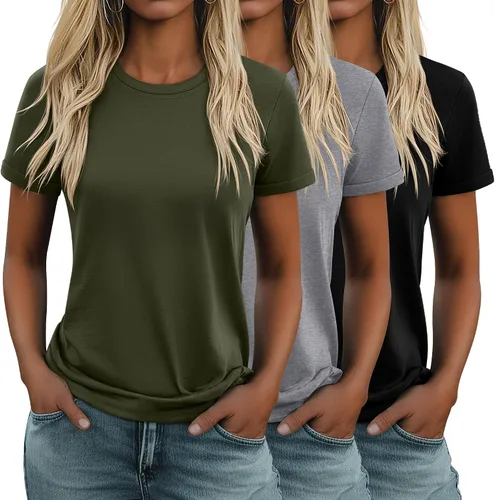 Vista 23 de Huukeay Paquete de 3 camisetas de algodón para mujer, estilo casual, de manga corta, cuello redondo, ajuste holgado, básica, lisa