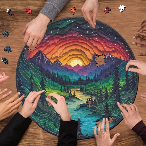Vista 5 de Rompecabezas del Bosque Mágico para Adultos de 1000 Piezas, Rompecabezas de Paisaje de Naturaleza con Árbol Redondo, Montaña, Río y Puesta de Sol