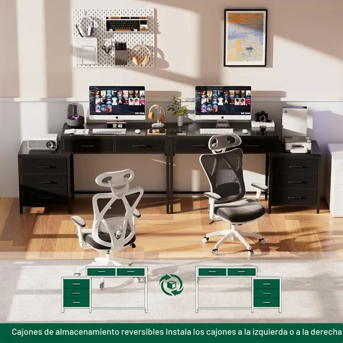 Vista 5 de Unikito Escritorio de computadora reversible con 5 cajones, escritorio de oficina resistente con tomas de corriente y puertos USB, mesa de escritura