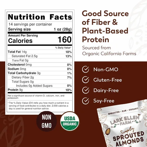 Vista 2 de Lark Ellen Farm Almendras germinadas orgánicas, sin sal – USDA orgánicas, crudas, veganas, sin gluten, sin OMG, aptas para paleo, aperitivo