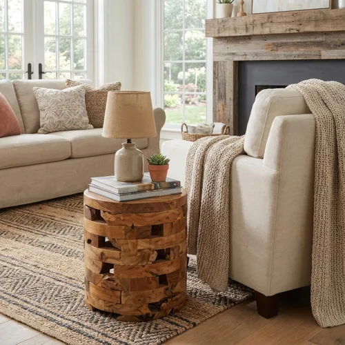 Vista 7 de Bare Decor Stonehenge - Mesa decorativa artesanal en madera maciza de teca, natural