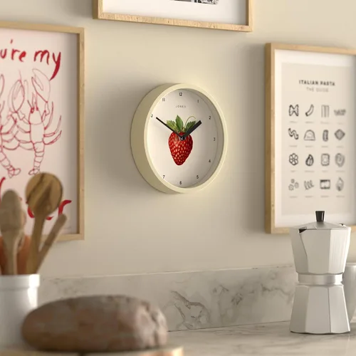 Vista 4 de JONES CLOCKS® Reloj de pared de frutas Reloj redondo pequeño 8 pulgadas Crema Arte botánico ilustrado de fresa Ideal para cocina y comedor.
