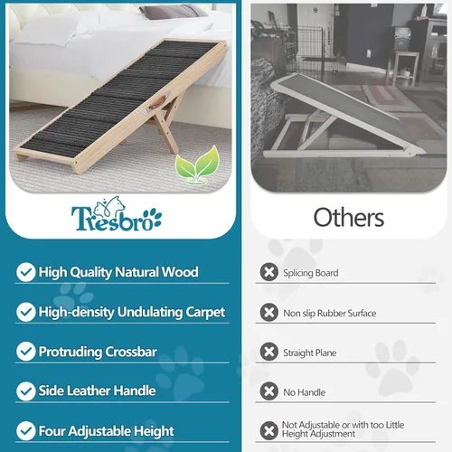 Vista 4 de Tresbro Rampa para perros para cama, 4 niveles ajustables de 14.56 a 24 pulgadas con alfombra antideslizante y asa de transporte, rampa portátil
