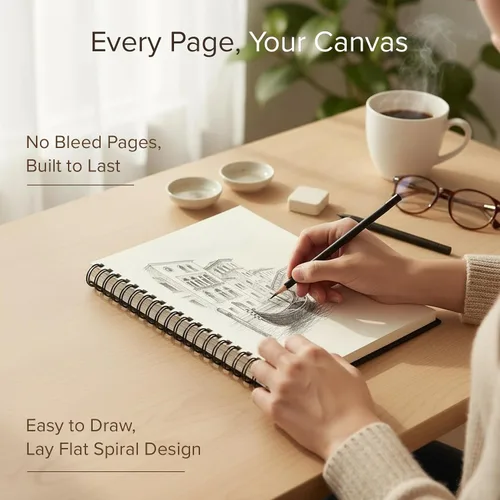 Vista 2 de Cuaderno de bocetos de artista de tapa dura – Papel muy grueso de 200GSM – Cuaderno de bocetos en espiral para dibujo y técnicas mixtas – Bloc