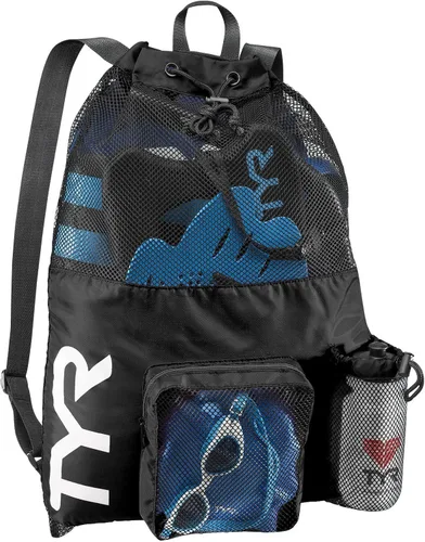 Vista 2 de TYR Mochila Big Mesh Mummy para natación, gimnasio y equipo de entrenamiento, color negro, capacidad de 40 litros