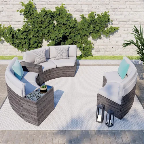 Vista 7 de SUNSITT Juego de 8 muebles curvados de media luna para patio al aire libre, sofá seccional de mimbre gris, cojines gris claro con 2 mesas auxiliares
