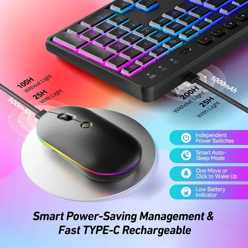 Vista 6 de Combo de teclado y mouse inalámbricos con retroiluminación, 2.4G de tamaño completo, ergonómico, recargable, teclado de computadora con soporte