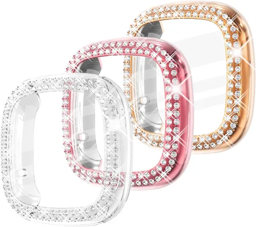 Vista 19 de Fullife Paquete de 10 Parachoques de TPU para Fitbit Versa 2, Fundas de Cristal con Diamantes Brillantes HD, Funda Protectora Completa, Resistente a