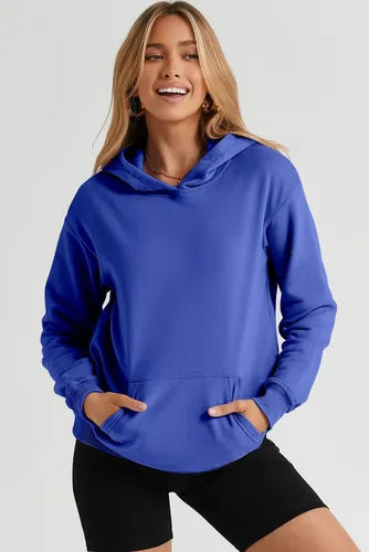 Vista 5 de SHEWIN - Sudadera casual con capucha de manga larga para mujer, ligera, color liso, holgada, con bolsillo