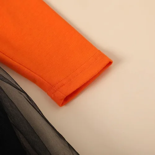 Vista 5 de Vestido de princesa de tul de malla de tul de manga larga para niños pequeños (naranja, 2-3 años)