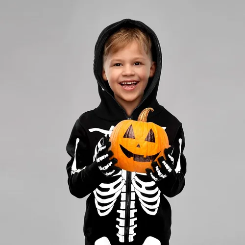 Vista 5 de SOMSOC Disfraz de esqueleto de Halloween para niños, disfraz de esqueleto brillante para Halloween, guantes que brillan en la oscuridad, overol