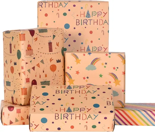 Vista 17 de PlandRichW Papel de regalo de cumpleaños, 4 divertidos diseños de fiesta, globos, arcoíris, cupcakes, confeti, plegado de 20 x 29 pulgadas, 12