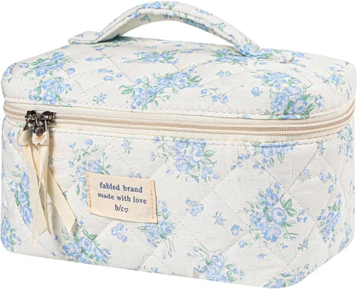 Vista 7 de uekeboag - Bolsa de maquillaje grande de viaje acolchada para mujer, neceser de algodón con estampado floral, neceser con estampado floral