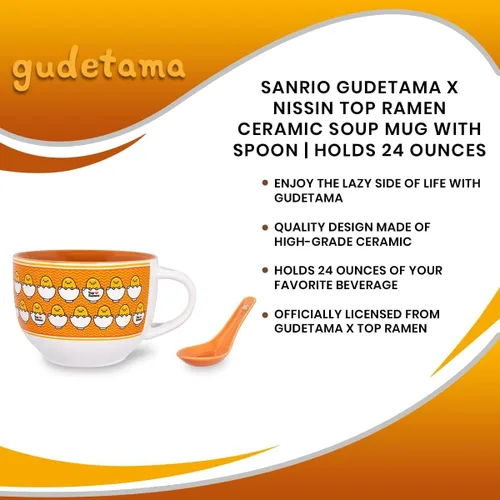 Vista 7 de Sanrio Gudetama x Nissin Top Ramen - Taza de sopa de cerámica de 24 onzas con cuchara Tazón para helado, cereales, avena Taza de café grande