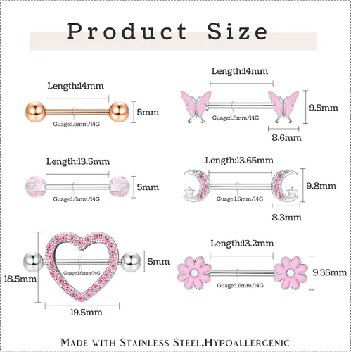Vista 7 de Kakonia Juego de 6 pares de anillos de pezón de 14 G para mujer acero inoxidable 316L corazón mariposa luna circonita cúbica flor pezones joyería