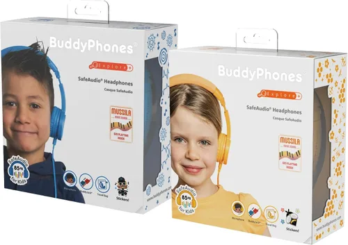 Vista 8 de BuddyPhones Explore Plus Auriculares plegables con cable para niños, cable para compartir audio integrado con micrófono en línea, limitación