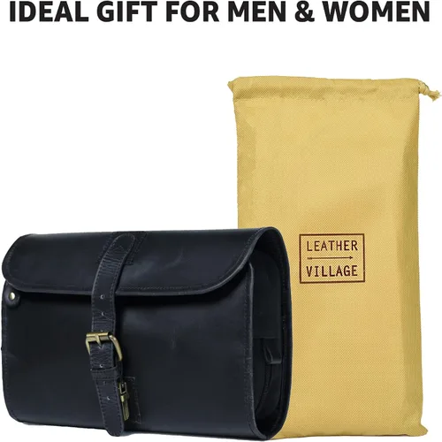 Vista 5 de LEATHER VILLAGE DOPP-3, Negro Genuine Buff Leather, 11X7 In Folded & 20X11 In Open, Ykk Zippers, Brass Hook,Water Resistant Canvas Lining, For Men