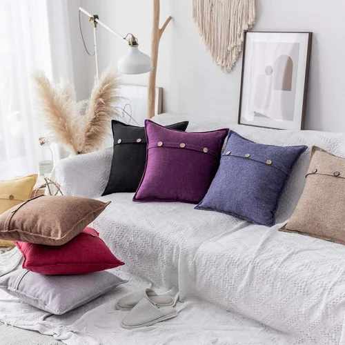 Vista 2 de Home Brilliant Juego de 2 fundas de almohada decorativas con botones, fundas de cojín de lino sintético texturizadas para cama, sofá, banco, 18 x 18