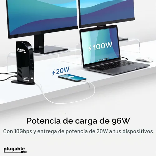 Vista 5 de Plugable Estación de acoplamiento USB C 13 en 1, monitor triple 4K con entrega de energía de 100 W Base USB C para Windows, Mac, ChromeOS