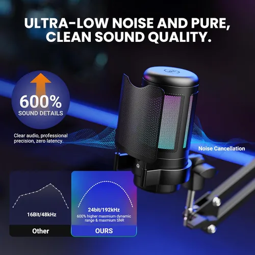 Vista 10 de Kit de micrófono USB para juegos, micrófono de condensador RGB con silencio, ganancia, soporte de brazo ajustable para monitoreo, filtro pop