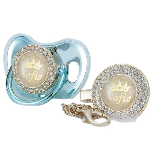 Vista 19 de Juego de Chupete y Clip Personalizado con Cualquier Nombre, Bling Oro Plata, 18 Colores, Libre de BPA, Diseño Único Lujoso, Chupete Ideal para Bebé
