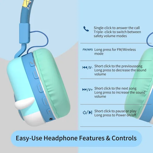 Vista 6 de Auriculares Bluetooth para niños, límite de volumen de 85 dB, ultra suaves sobre la oreja, micrófono incorporado, plegables, diseño de animales