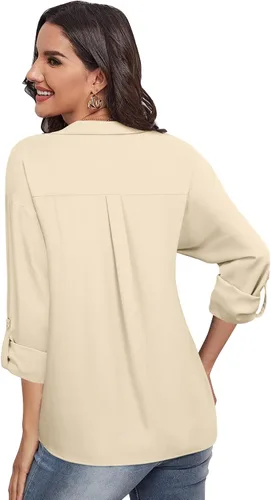Vista 2 de Lotusmile Camisas de gasa con solapa y botones para mujer, para el trabajo, oficina, negocios, casual, blusa de gasa