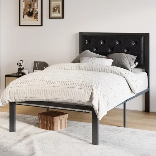 Vista 3 de Allewie Base de cama individual con cabecera tapizada de piel sintética, diseño elegante con costuras de diamante, no necesita somier, color negro