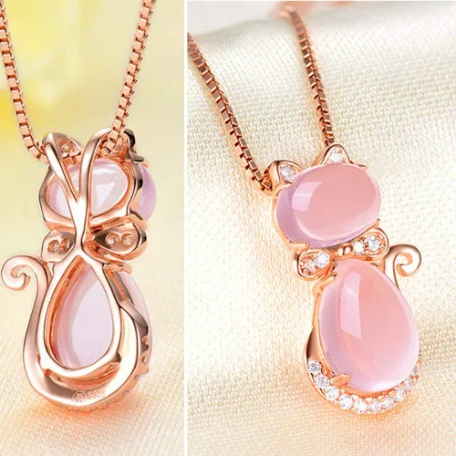 Vista 6 de BBSSC Collar con colgante de gato rosa, piedra de cuarzo y ópalo, lindo gatito adornado, cristales adornados, oro rosa, cadena chapada en plata