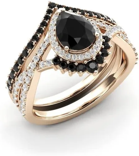 Vista 3 de Anillo de compromiso de ónix negro en forma de pera, halo de oro rosa, único juego de anillos de compromiso de piedra negra para mujer, anillo