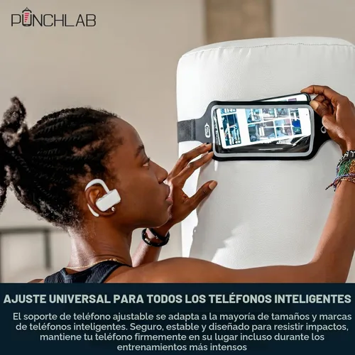 Vista 5 de Soporte de teléfono de boxeo para saco de boxeo – Soporte de correa para bolsa pesada con rastreador de perforación, se adapta a todas las bolsas