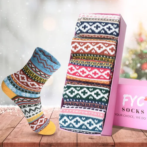 Vista 6 de FYC Winter Womens Socks Wool Warm Thick Knit Cozy Crew Casual Vintage Soft Socks for Women Christmas Gifts Socks 5 Pairs
