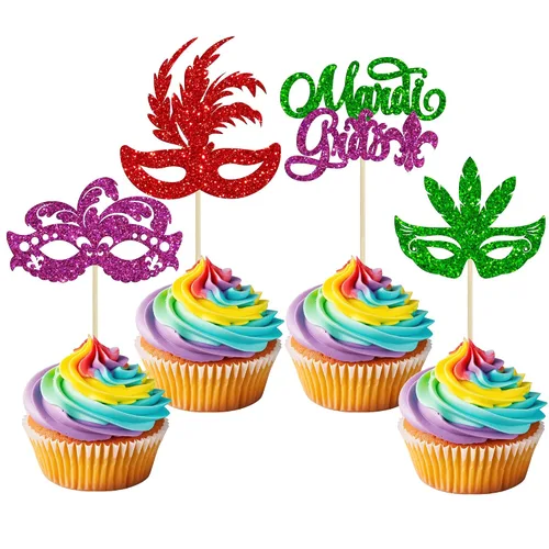 Vista 10 de Gyufise 24 máscaras de mascarada para cupcakes con purpurina para despedida de soltera, para cupcakes, comida y frutas, baile de máscaras, Mardi