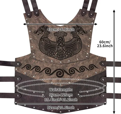 Vista 5 de HiiFeuer Armadura vikinga en relieve para el pecho con armadura medieval de muslo y brazos en relieve, disfraz retro vintage de bárbaro de piel