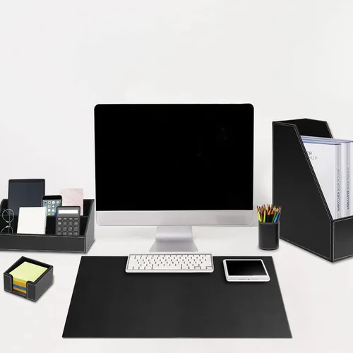 Vista 5 de Suministros de oficina de cuero sintético de 6 piezas organizador de escritorio, incluye bloc de escritura, bandeja de cartas, clasificador de Negro