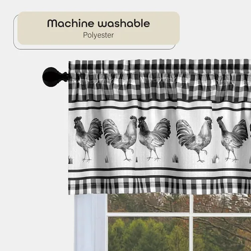 Vista 5 de PowerSellerUSA Juego de cortinas de cocina para ventana, diseño de gallo, cenefa de 58 pulgadas de ancho x 14 pulgadas de largo, color negro