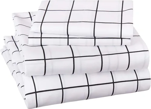 Vista 12 de Amazon Basics Juego de sábanas de microfibra suave de 4 piezas con bolsillos laterales elásticos, Full, cuadrícula negra, geométrico Rejilla negra