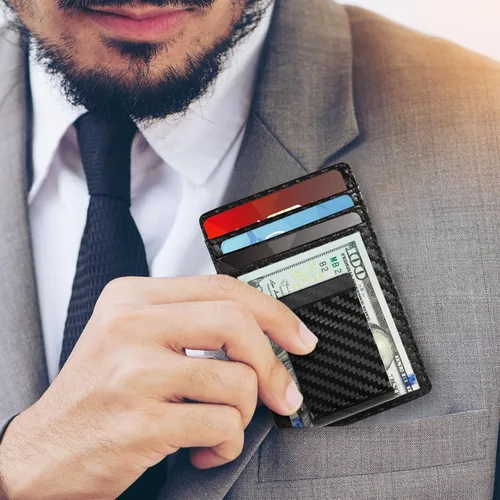 Vista 6 de Travelambo Clip para dinero para hombre, de piel, delgado, minimalista, con bloqueo RFID (tejido negro), Tejido negro, Minimalista