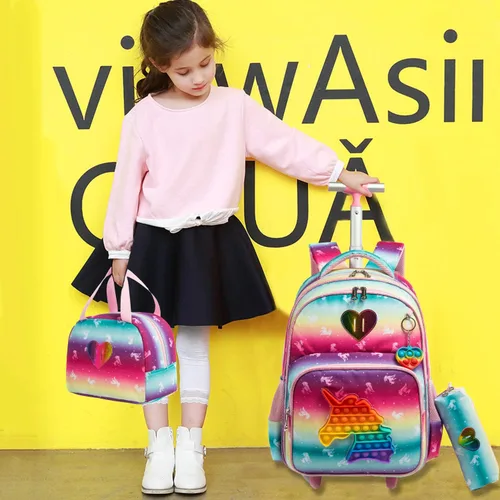 Vista 6 de Egchescebo Mochila con ruedas para niñas con ruedas para niños y niñas, mochila con ruedas