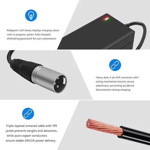 Vista 7 de Sustituto del cargador del conector XLR de 3 pines de 24V 2A para aspiradora de 25.2V 29.4V modelo E-4.0 4.5 E-4.5, 400 E-400 450 650 500 E500 750