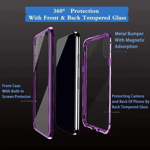 Vista 5 de Funda magnética para Huawei P30 Lite, protección completa de 360°, parachoques de metal con parte delantera y trasera, cubierta abatible de vidrio