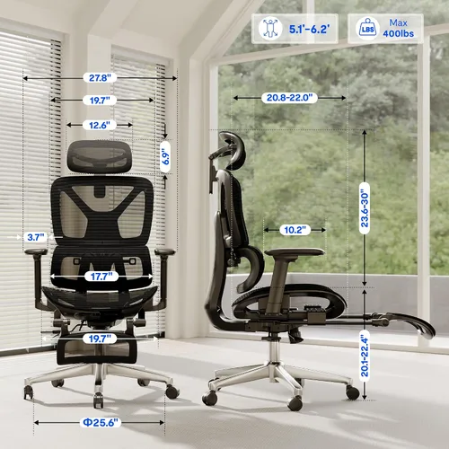 Vista 2 de FLEXISPOT ErgoX - Silla de oficina ergonómica premium con reposapiés, reposabrazos 3D ajustables, soporte lumbar dinámico, función de reclinación e