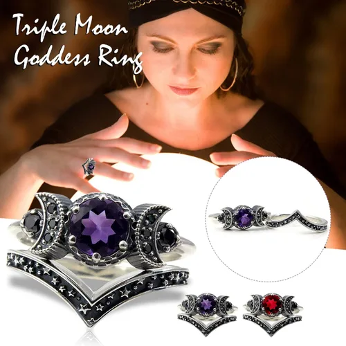 Vista 2 de Anillo Dios de triple luna, anillo de amatista roja, regalos de joyería para mujeres y niñas, fases lunares, bohemio, gitano, joyería de festival