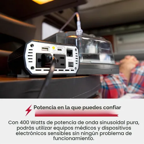 Vista 2 de Inversor de Potencia Cobra PURE SINE de 400W, Portátil – Cargador para Automóvil de 400 Vatios, 2 Enchufes de CA con Conexión a Tierra, 2 Puertos