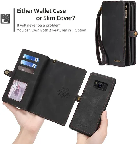 Vista 5 de Asuwish Funda de teléfono para Samsung Galaxy S8 con cremallera, funda desmontable con protector de pantalla de vidrio templado y soporte de cuero