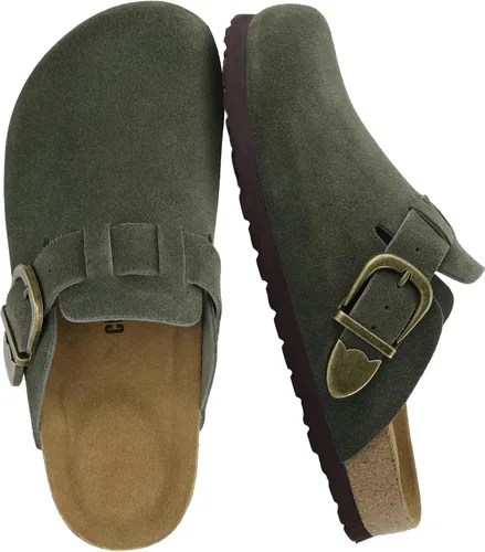 Vista 10 de CUSHIONAIRE Hamlet Zuecos de gamuza de cuero genuino para mujer, zapatos sin cordones con correa de hebilla de metal detallada y plantilla de espuma