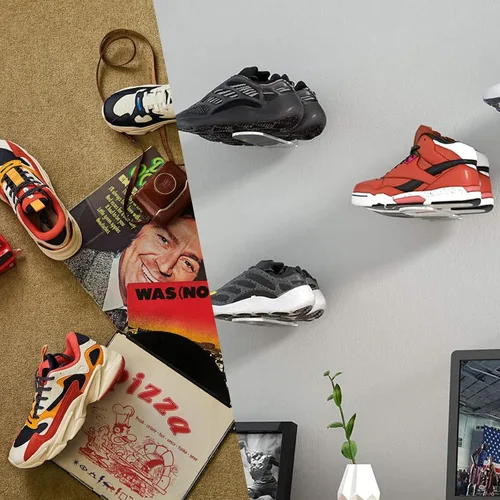 Vista 7 de Juego de 6 estantes flotantes de exhibición de zapatos para pared, estantes flotantes de acrílico transparente, estante de zapatos acrílico de 8 x 3
