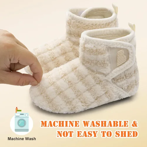 Vista 7 de BARERUN Pantuflas para niños y niñas, zapatos de casa para bebés, botines de invierno mullidos de felpa acogedora para niños, pantuflas cálidas