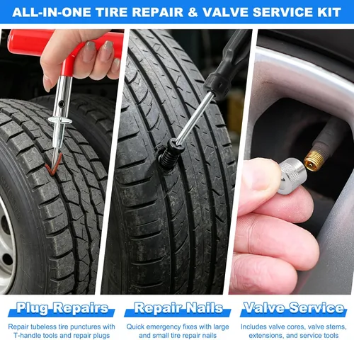 Vista 7 de Kit de tapones para neumáticos, kit de reparación de neumáticos sin cámara de 130 piezas con herramientas de mango en T de metal resistente, tiras