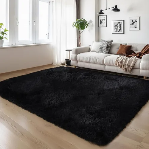 Vista 7 de KICHOWUA - Tapete grueso y esponjoso de 3 x 5 pies, color negro, ultrasuave, lavable, antideslizante, acogedor y peludo, para sala, dormitorio